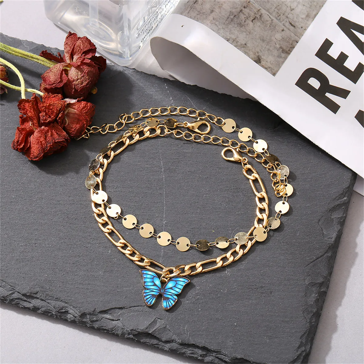 Enamel & 18K Gold-Plated Butterfly Anklet Set