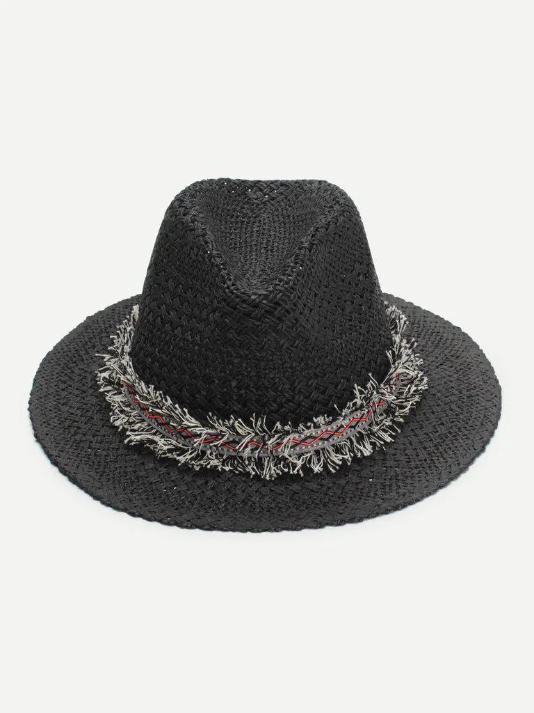 Frayed Band Straw Fedora Hat