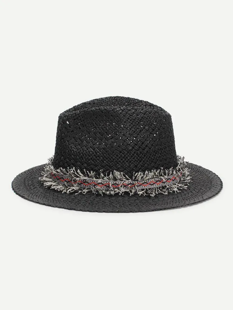 Frayed Band Straw Fedora Hat