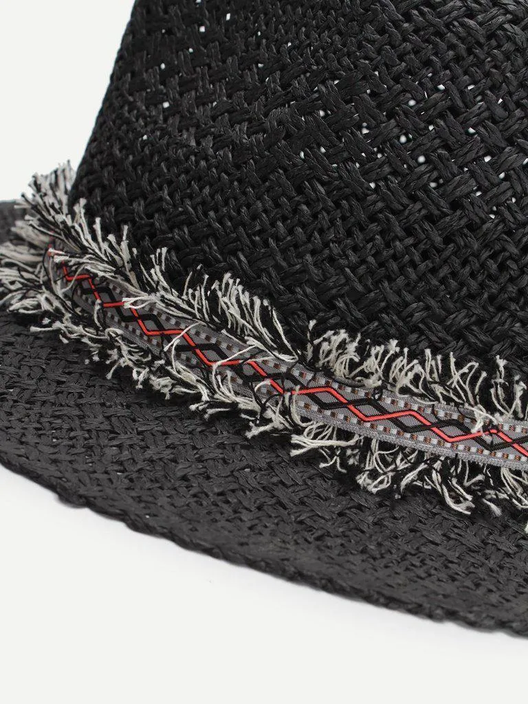 Frayed Band Straw Fedora Hat