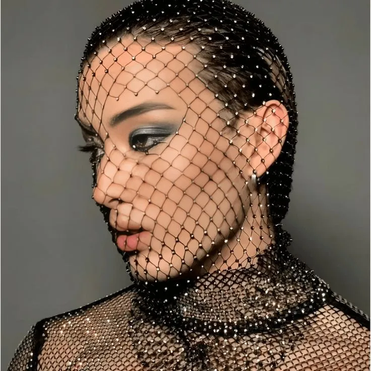 Glamorous Rhinestone Fishnet Face Veil Hood for Parties and Events