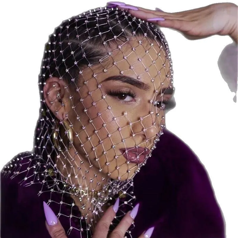 Glamorous Rhinestone Fishnet Face Veil Hood for Parties and Events