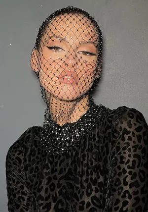 Glamorous Rhinestone Fishnet Face Veil Hood for Parties and Events