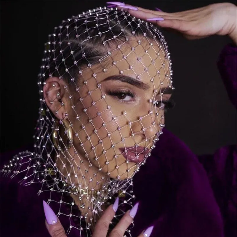 Glamorous Rhinestone Fishnet Face Veil Hood for Parties and Events