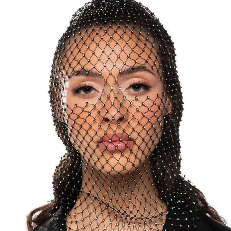 Glamorous Rhinestone Fishnet Face Veil Hood for Parties and Events