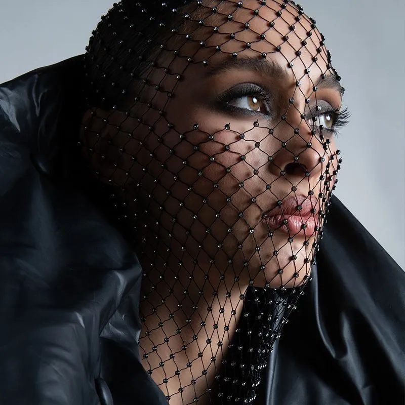 Glamorous Rhinestone Fishnet Face Veil Hood for Parties and Events