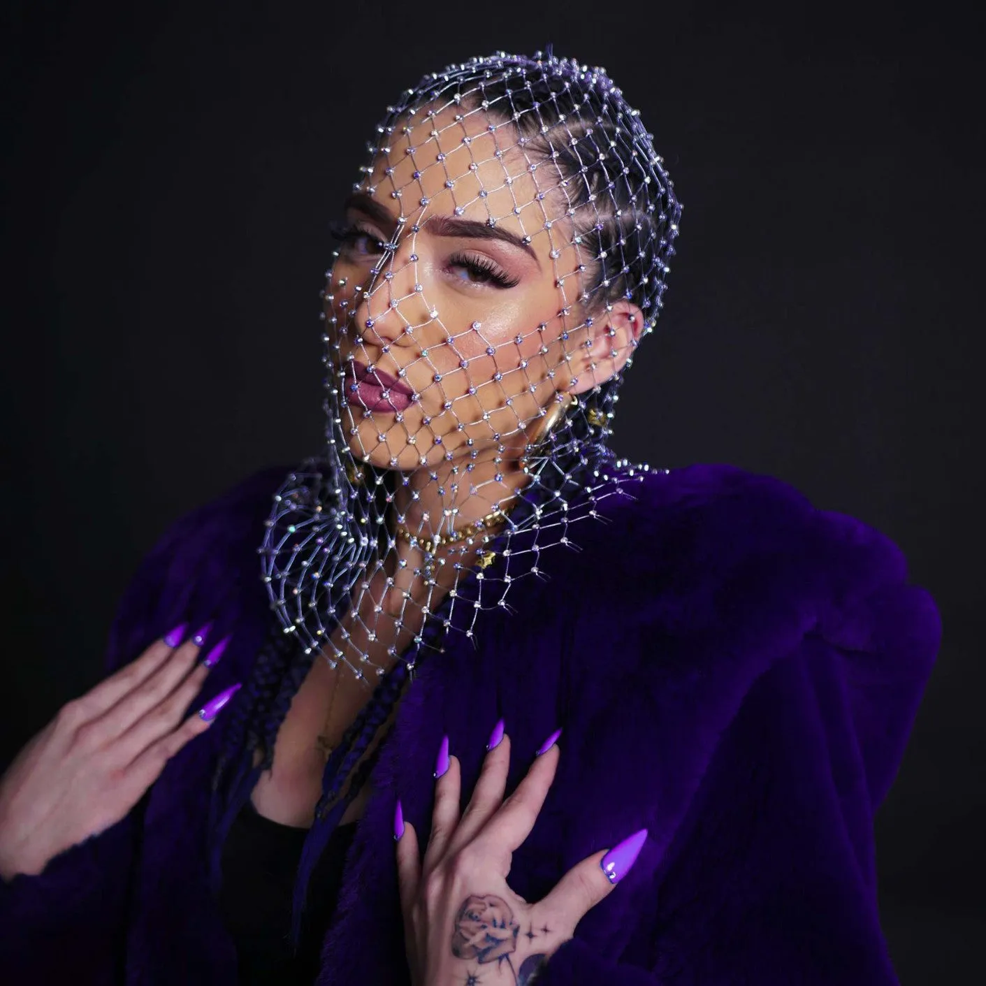 Glamorous Rhinestone Fishnet Face Veil Hood for Parties and Events