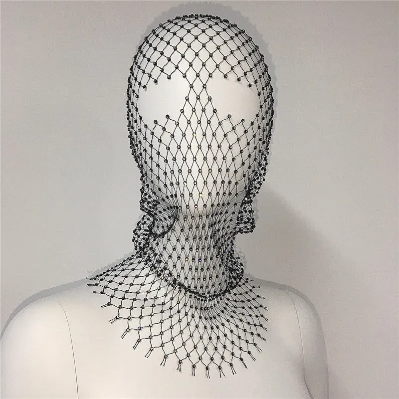 Glamorous Rhinestone Fishnet Face Veil Hood for Parties and Events