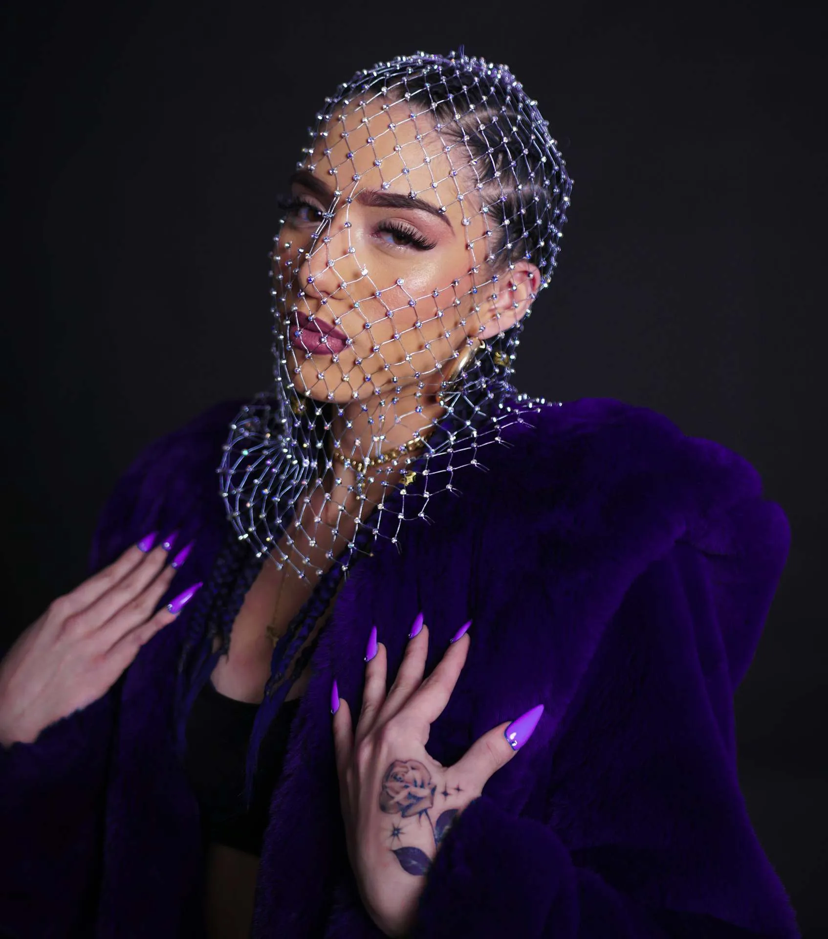 Glamorous Rhinestone Fishnet Face Veil Hood for Parties and Events