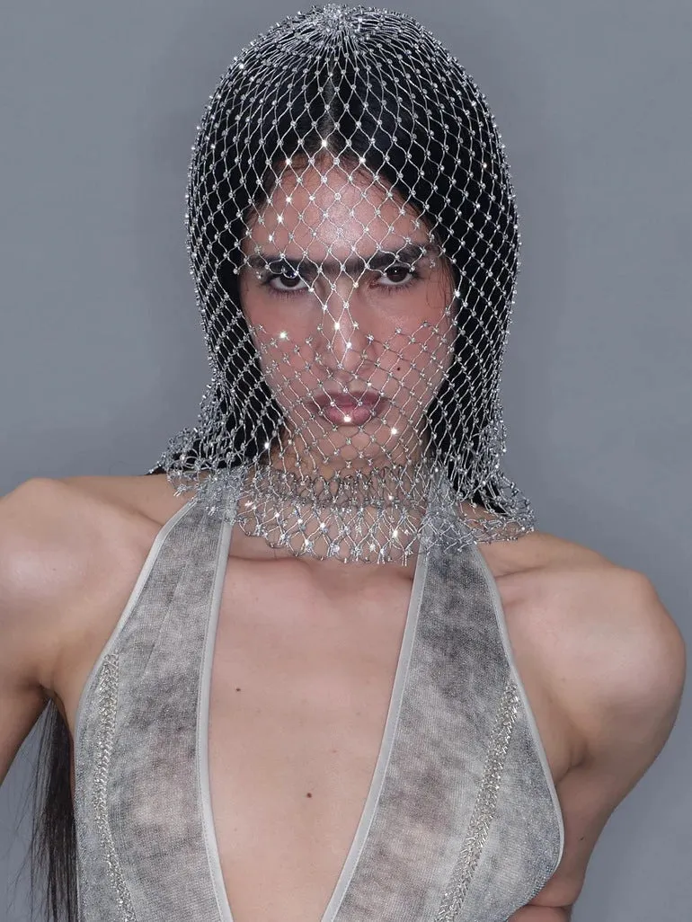Glamorous Rhinestone Fishnet Face Veil Hood for Parties and Events