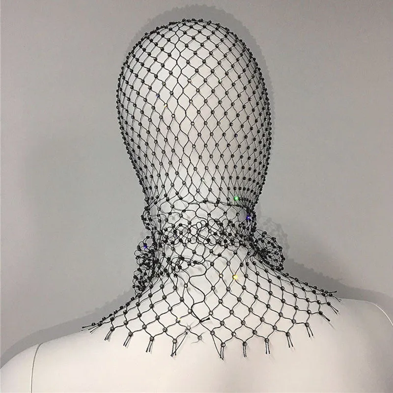 Glamorous Rhinestone Fishnet Face Veil Hood for Parties and Events
