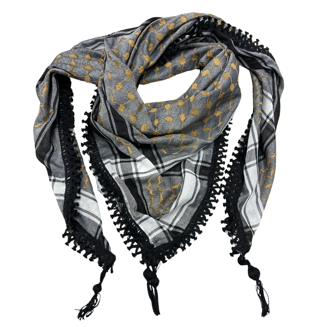 Gold on Grey Kuffiyeh with Black Tassels