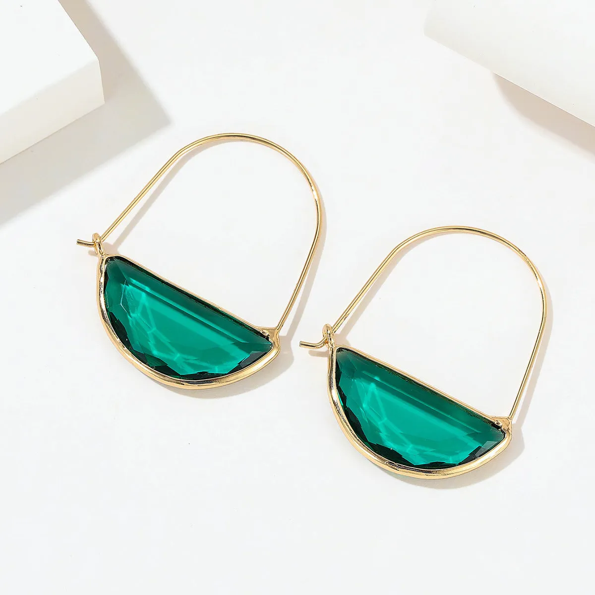 Green Crystal & 18K Gold-Plated Semicircle Drop Earrings