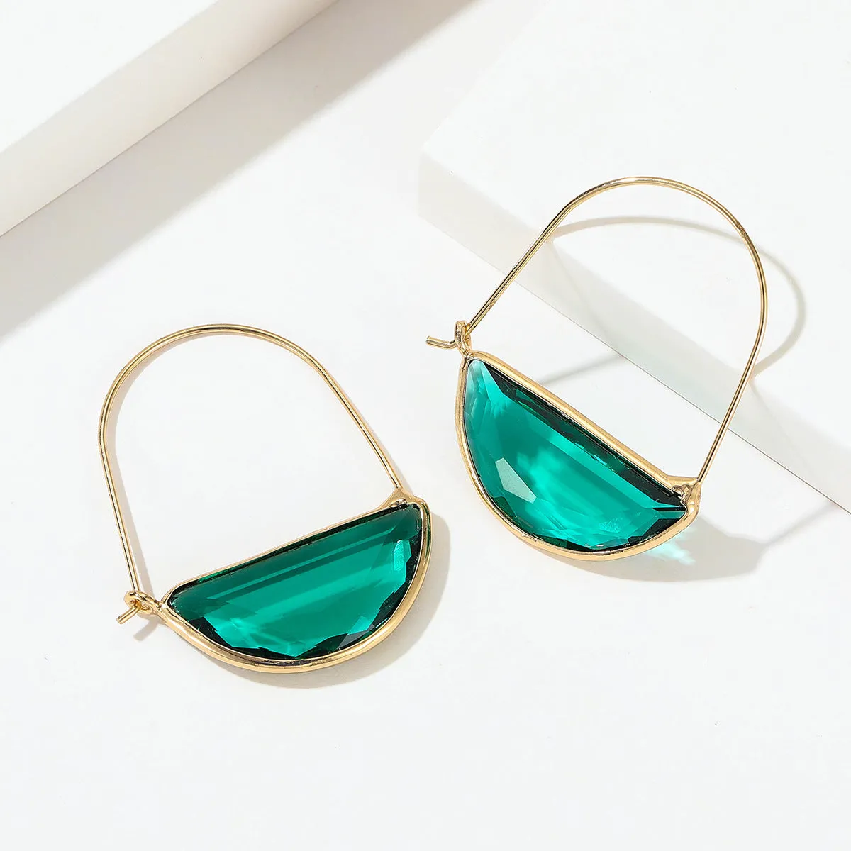Green Crystal & 18K Gold-Plated Semicircle Drop Earrings