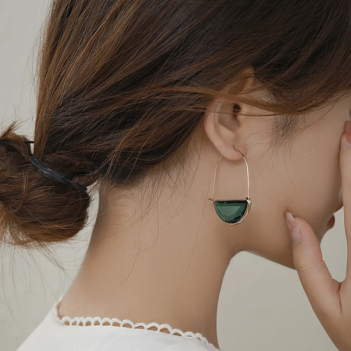 Green Crystal & 18K Gold-Plated Semicircle Drop Earrings