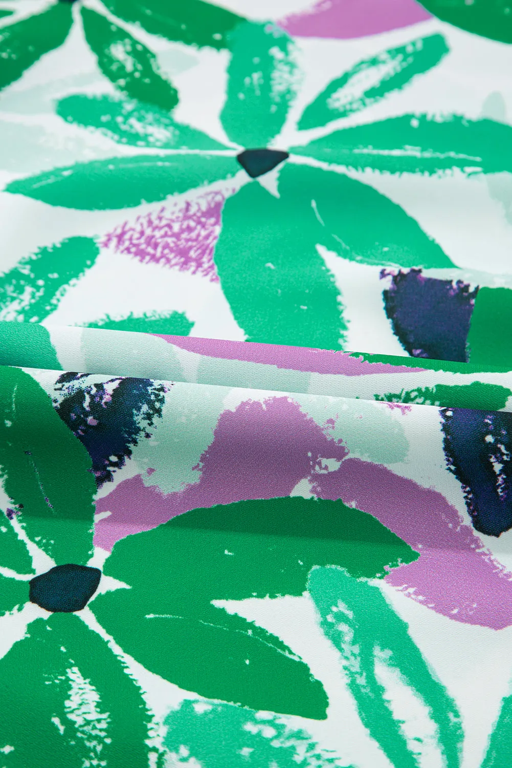 Green Floral Print Shirred Square Neck Loose Fit Mini Dress