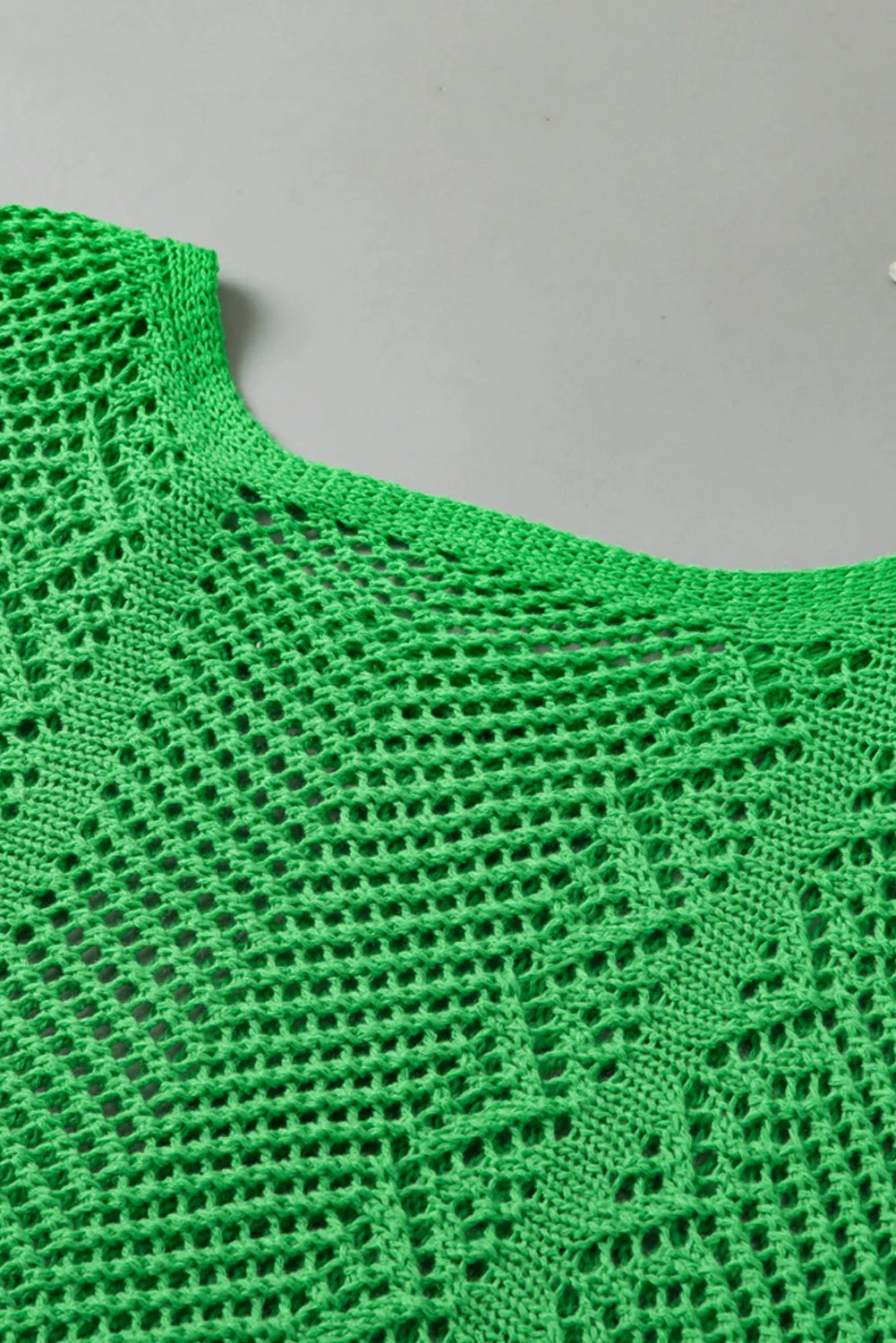 Green Pointelle Knit Scallop Edge Short Sleeve Top