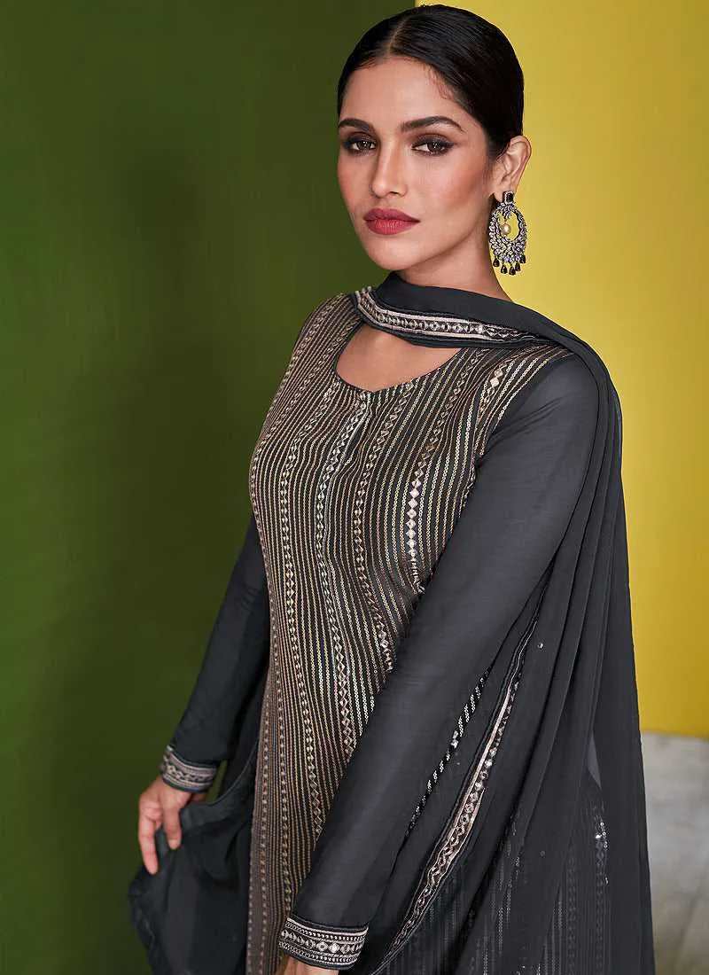 Grey and Gold Embroidered Palazzo Style Suit
