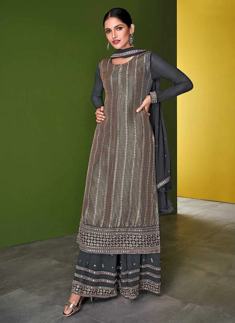 Grey and Gold Embroidered Palazzo Style Suit