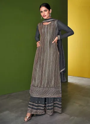 Grey and Gold Embroidered Palazzo Style Suit