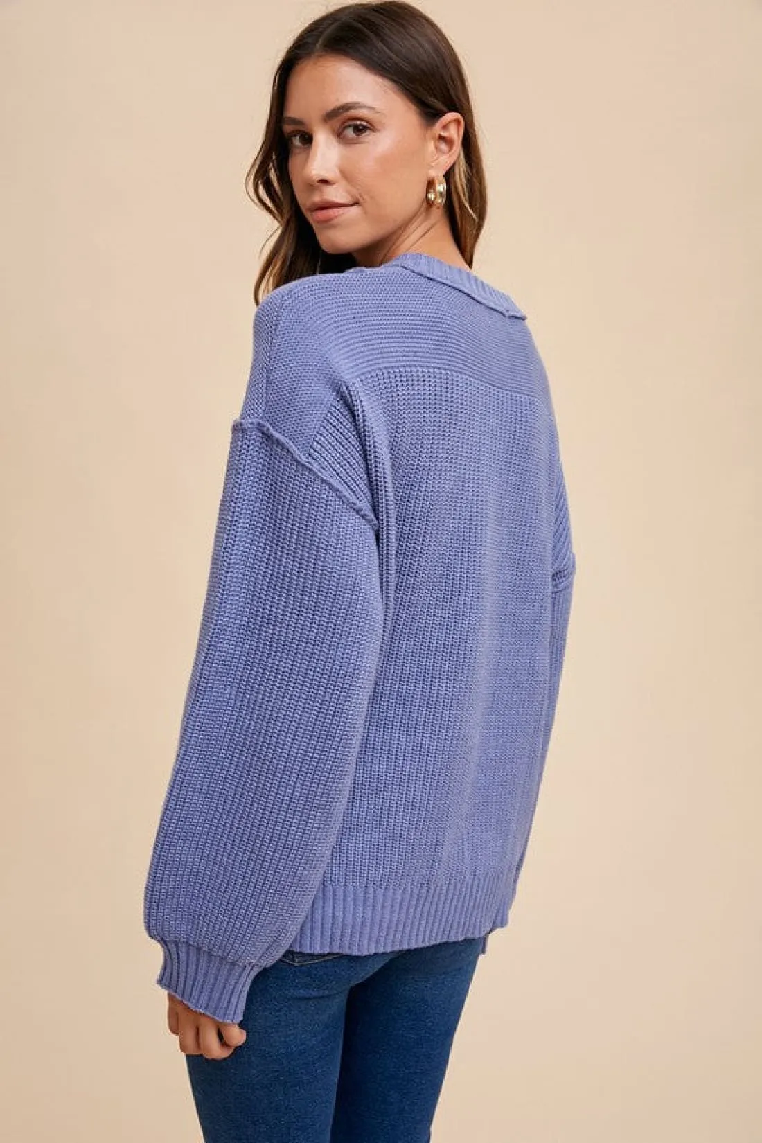 Half Button Ribbed Hem Sweater in Indigo