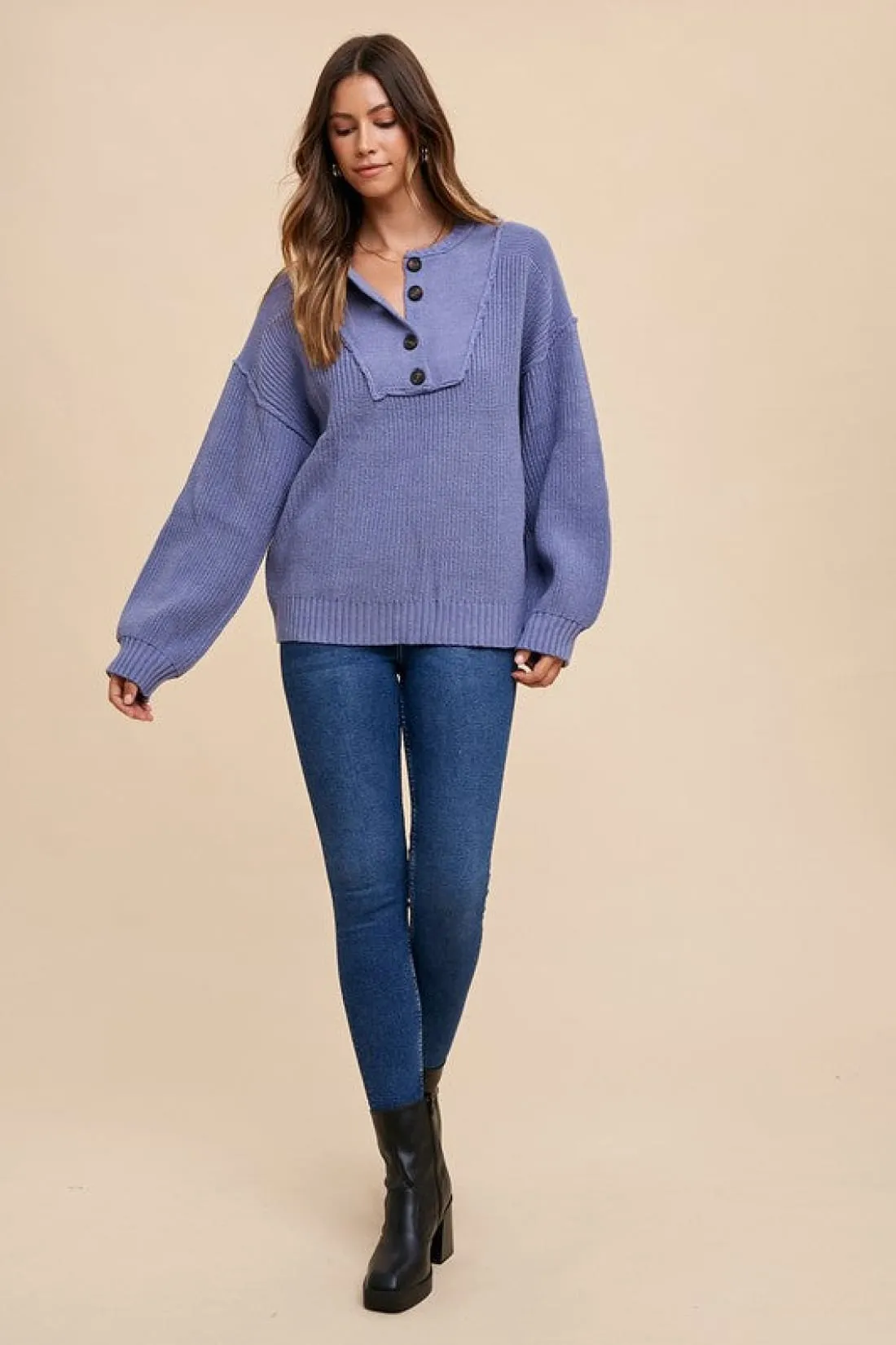 Half Button Ribbed Hem Sweater in Indigo