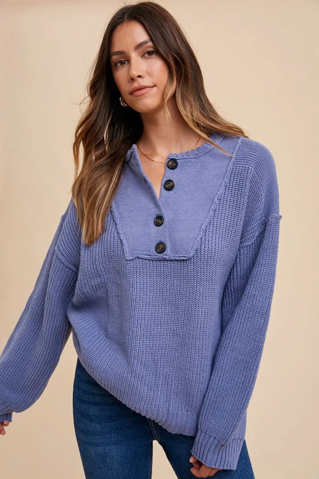 Half Button Ribbed Hem Sweater in Indigo