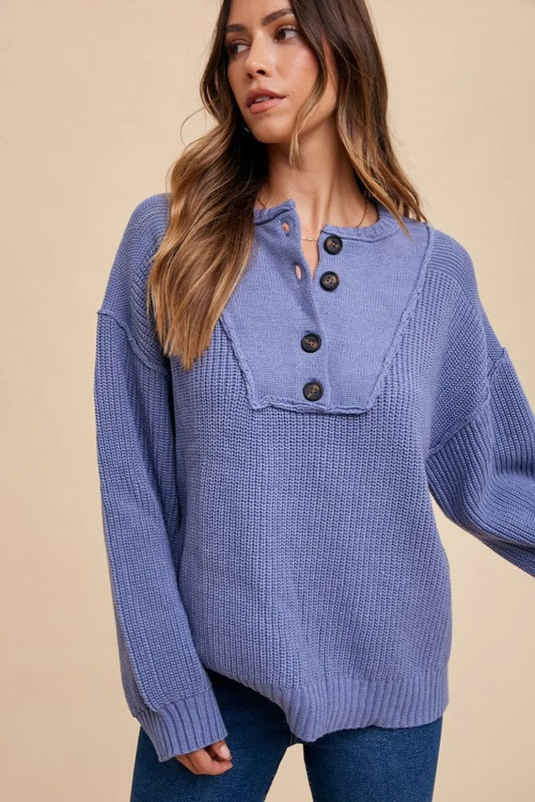 Half Button Ribbed Hem Sweater in Indigo