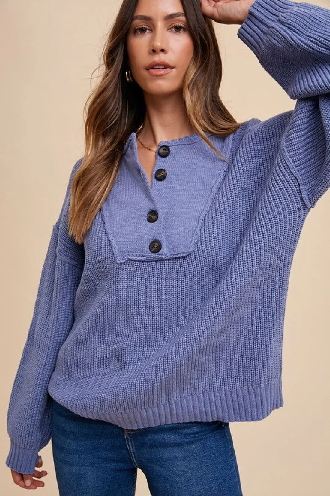 Half Button Ribbed Hem Sweater in Indigo