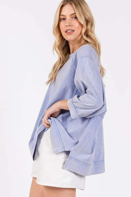 Hazel Blues® |  SAGE   FIG Mineral Washed Side Slit Round Neck Sweatshirt