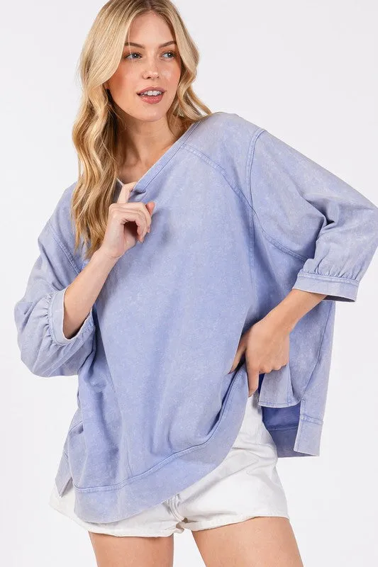 Hazel Blues® |  SAGE   FIG Mineral Washed Side Slit Round Neck Sweatshirt