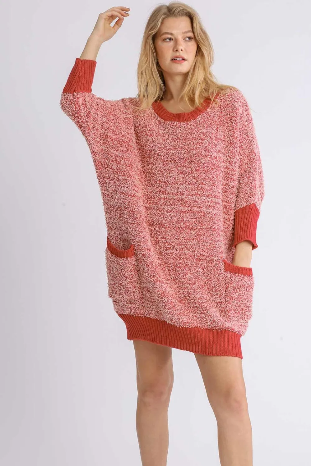 Hazel Blues® | Umgee Ribbed Hem Round Neck 3/4 Sleeve Sweater Dress with Pockets