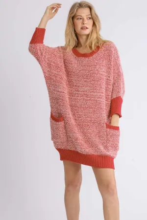 Hazel Blues® | Umgee Ribbed Hem Round Neck 3/4 Sleeve Sweater Dress with Pockets