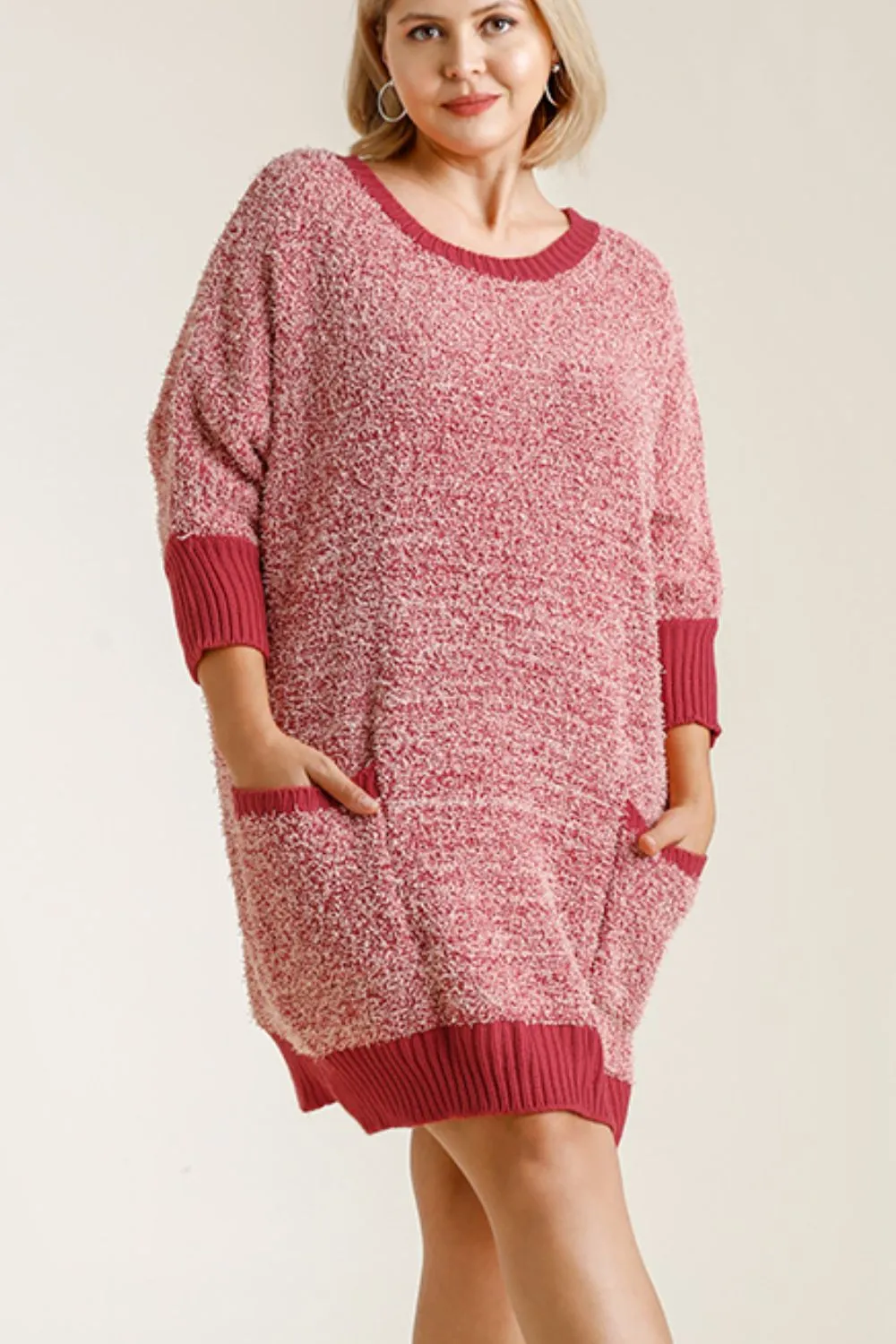 Hazel Blues® | Umgee Ribbed Hem Round Neck 3/4 Sleeve Sweater Dress with Pockets