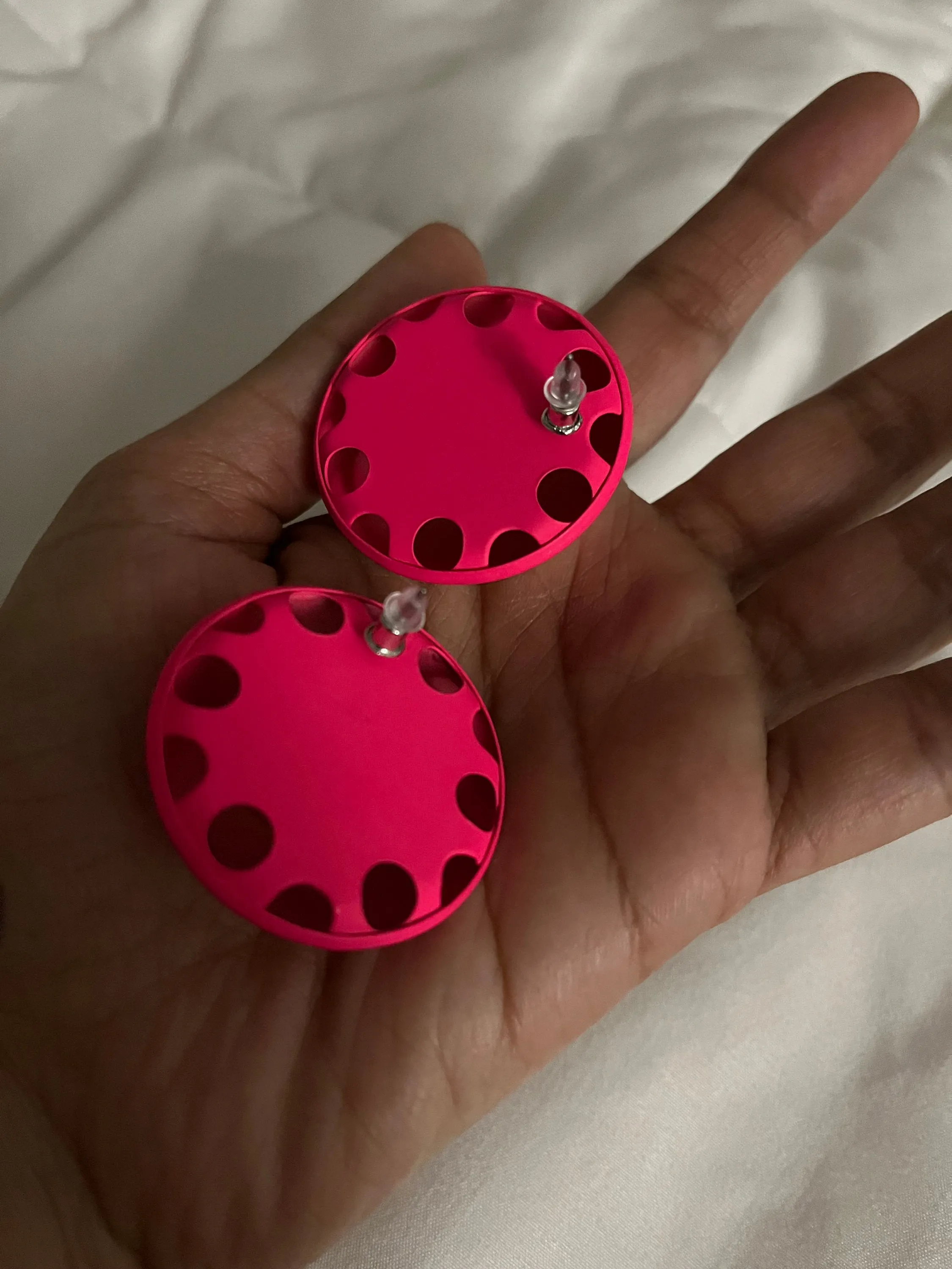 hot pink earrings big studs  , large  round studs pink earrings , big bright pink statement round neon pink retro earrings chunky giant