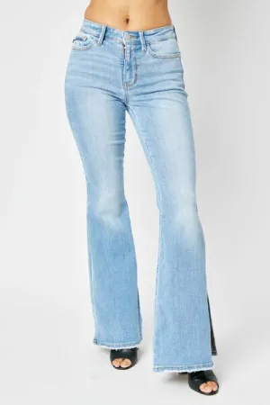 Judy Blue Full Size Mid Rise Raw Hem Slit Flare Jeans ONLINE EXCLUSIVE