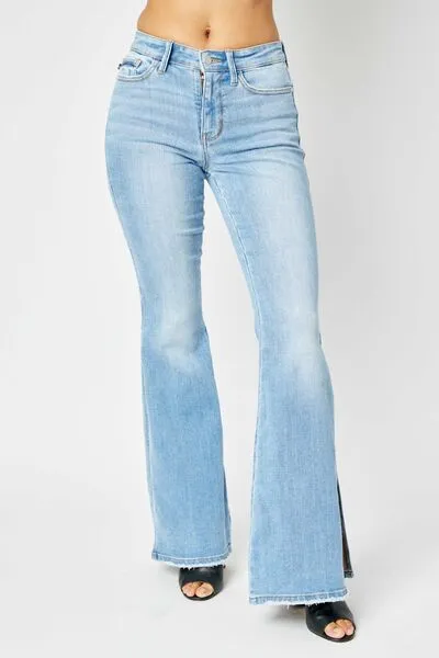 Judy Blue Full Size Mid Rise Raw Hem Slit Flare Jeans ONLINE EXCLUSIVE