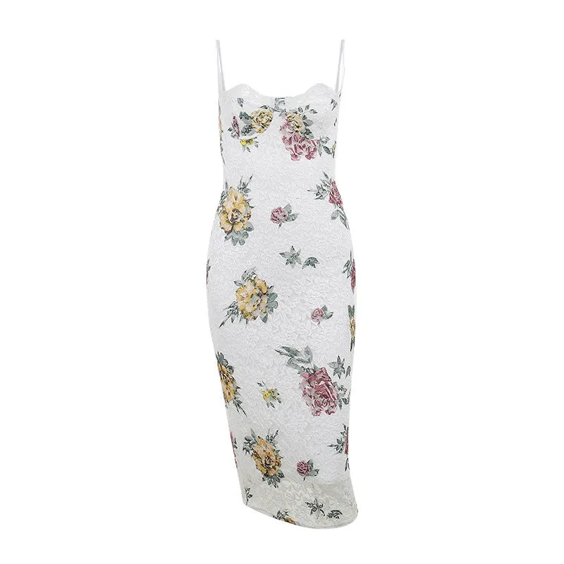 JY23261Summer New European and American Retro Style Slim-Fit Characteristic Floral Patterned Fabric Lace Lace Spaghetti-Strap Dress