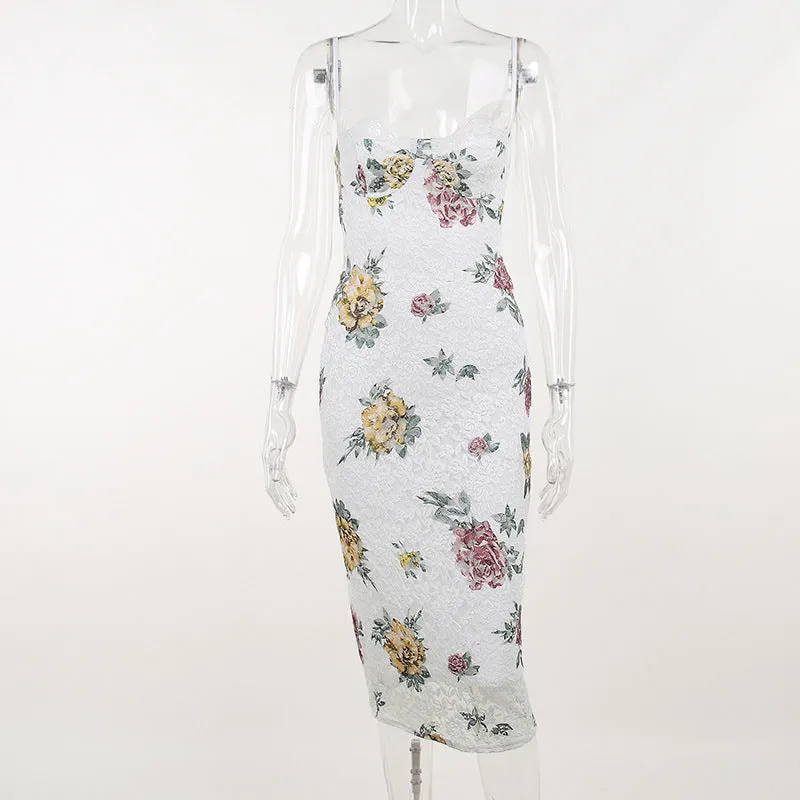 JY23261Summer New European and American Retro Style Slim-Fit Characteristic Floral Patterned Fabric Lace Lace Spaghetti-Strap Dress