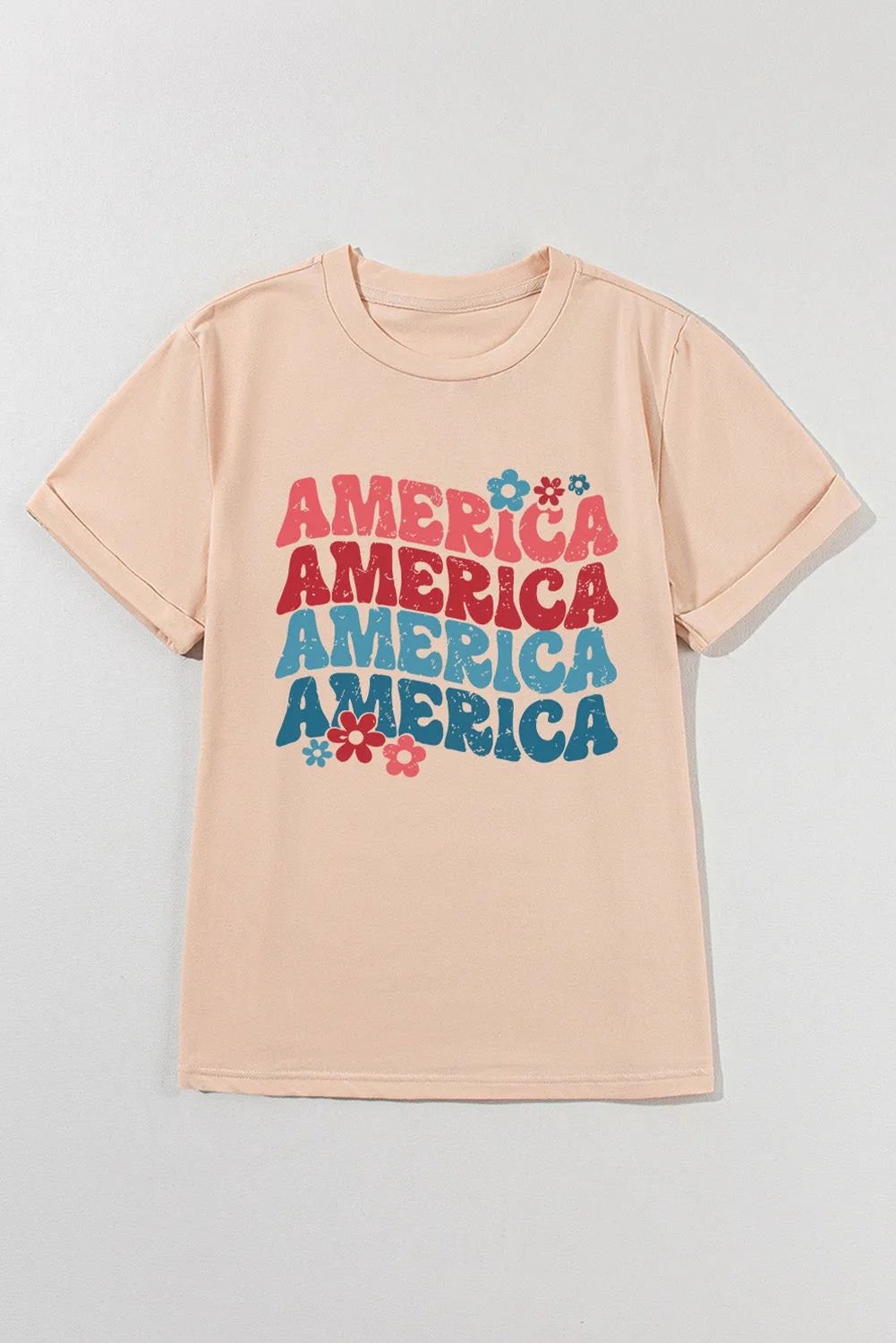 Khaki AMERICA Letter Floral Print T Shirt