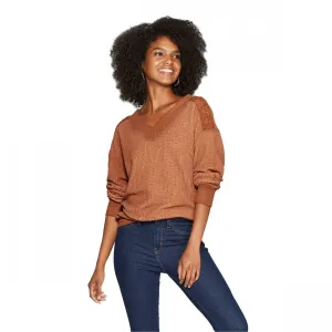 Knox Rose Women's Long Sleeve V-Neck Ribbed Pullover Blouse
