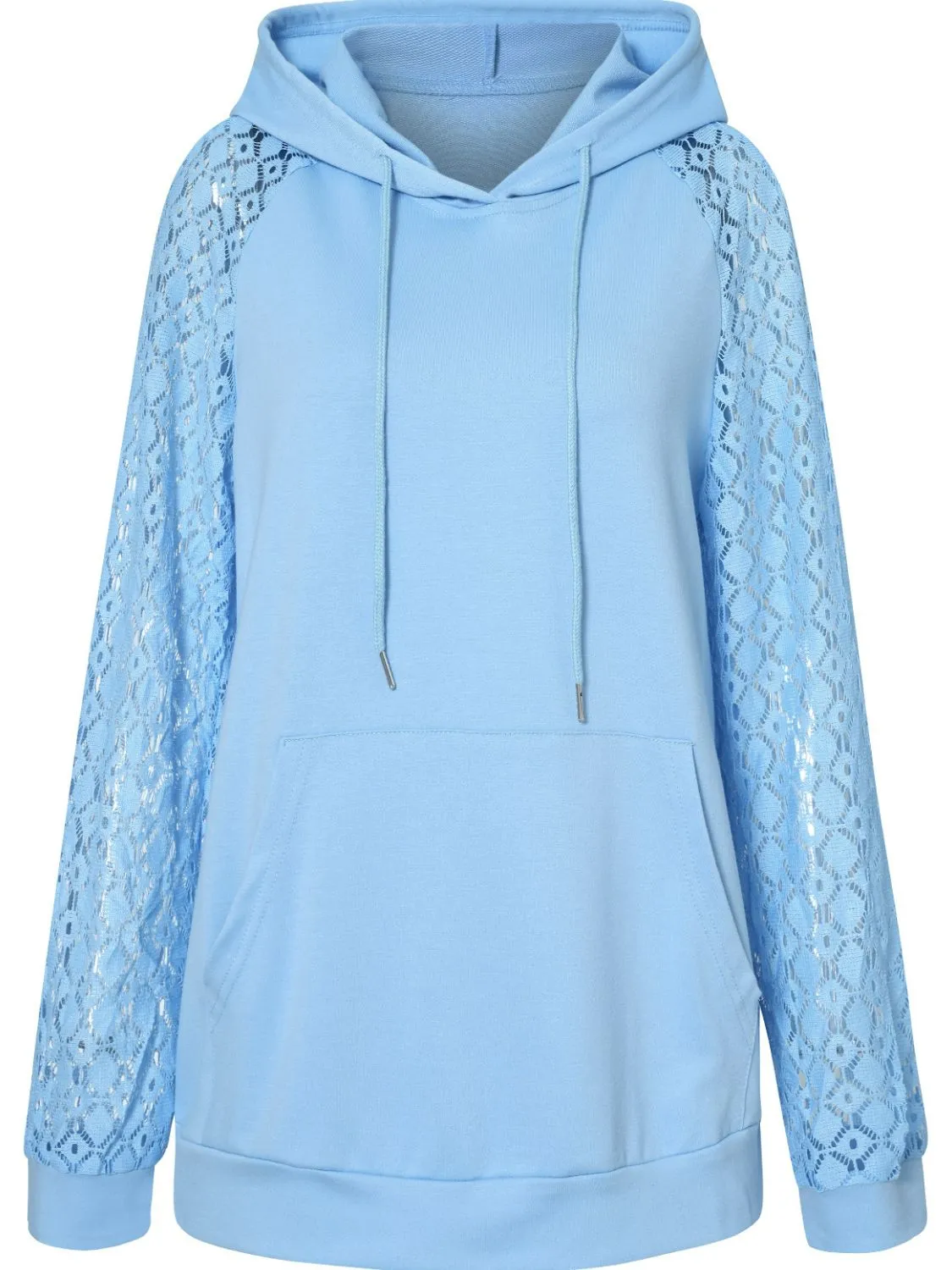 Lace Raglan Sleeve Drawstring Detail Hoodie