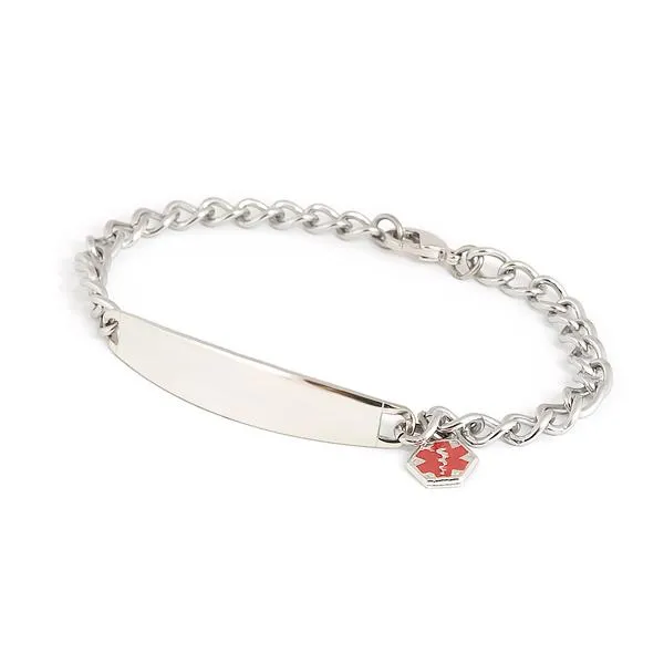 Ladies Stainless Steel ID bracelet w/ Engraveable Plaque and Dangling Medilog Charm