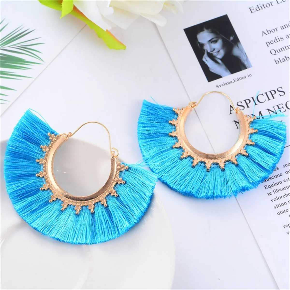 Lake Blue Polyester & 18K Gold-Plated Fan Huggie Earrings