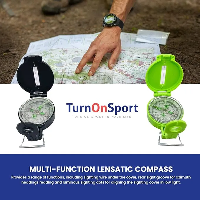 Lensatic Compass Hiking Backpacking Compass | Orienteering Compass Camping Navigation - Boy Scout Compass for Kids | Professional Field Compass for Map Reading - Best TurnOnSport Survival Gifts