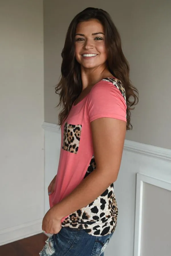 Leopard Pocket Top ~ Coral