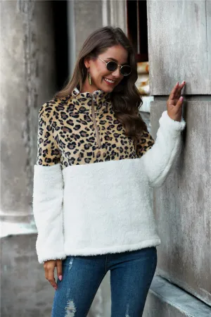 Leopard Print Color Block Half-Zip Collar Teddy Sweatshirt