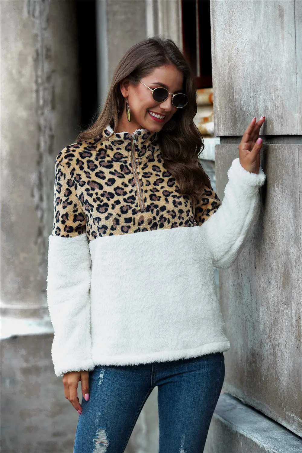Leopard Print Color Block Half-Zip Collar Teddy Sweatshirt