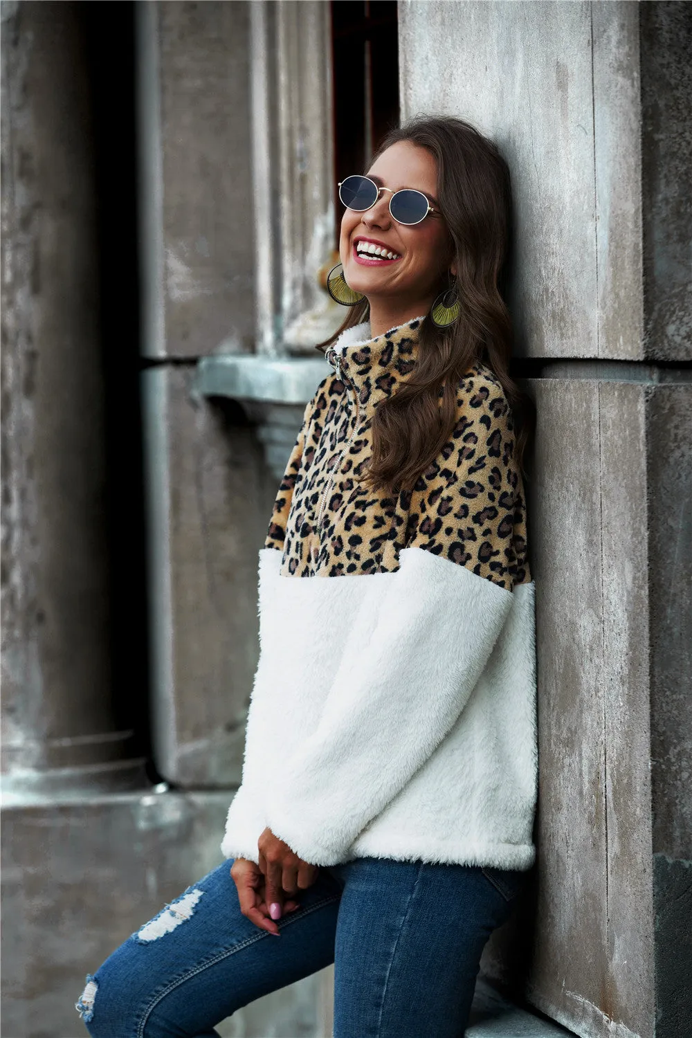 Leopard Print Color Block Half-Zip Collar Teddy Sweatshirt