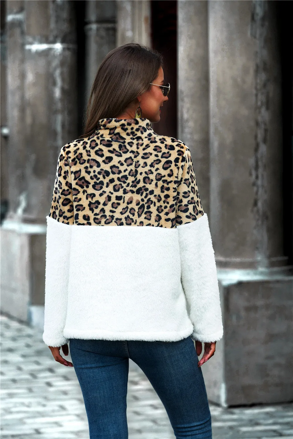 Leopard Print Color Block Half-Zip Collar Teddy Sweatshirt
